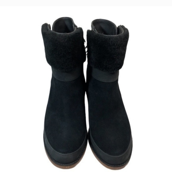 Ugg Kirke Suede Brushed Leather Shearling Stacked Heel Bootie Black Size 9 #458 - Picture 7 of 14